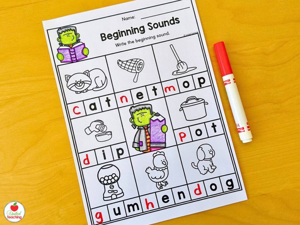Halloween beginning sounds worksheet, write the beginning sound for each CVC picture