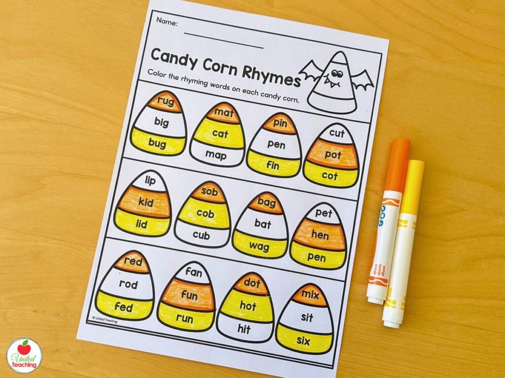 Candy Corn Rhymes Halloween worksheet, color the rhyming CVC words on each candy corn