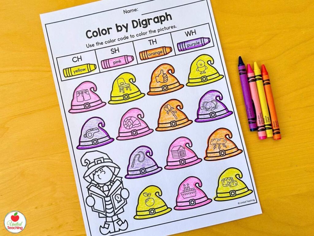 Color by Digraph Halloween worksheet, color the witch hats by ch, sh, th, and wh