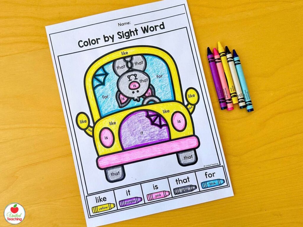 Halloween color by sight word worksheet with a bat driving a car