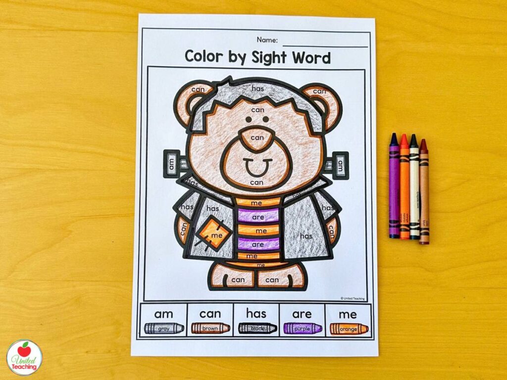 Halloween color by sight word worksheet with a bear in a Frankenstein costume