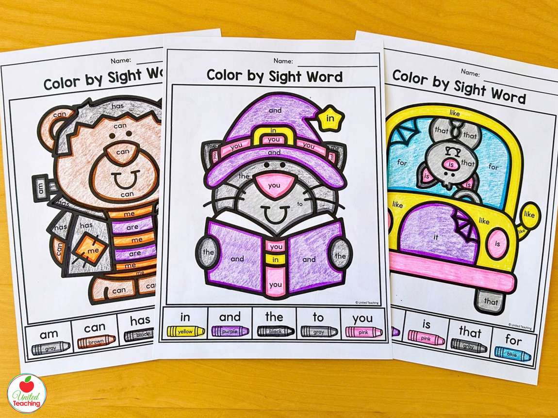 Three Halloween color by sight word worksheets for kindergarten