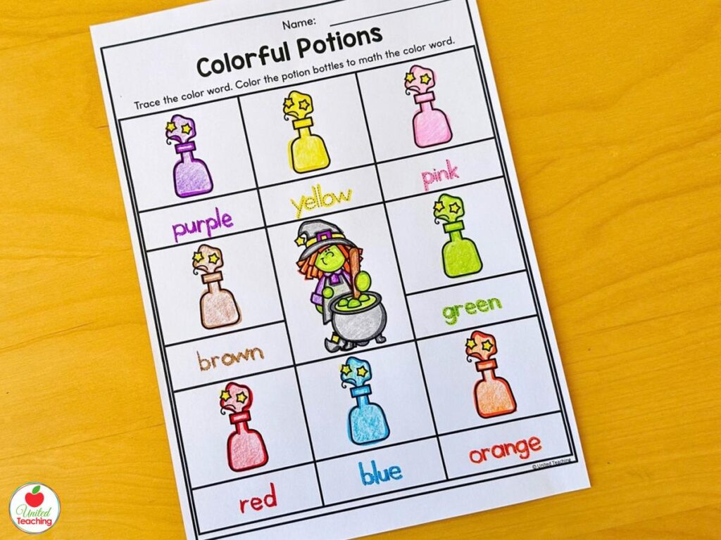 Colorful Potions Halloween color words worksheet, trace the color word and color the potion bottle