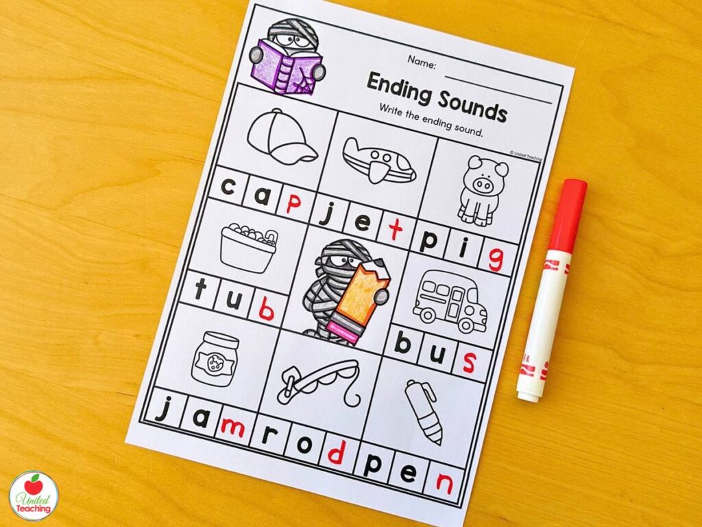 Halloween ending sounds worksheet with a mummy, write the ending sound for each CVC picture