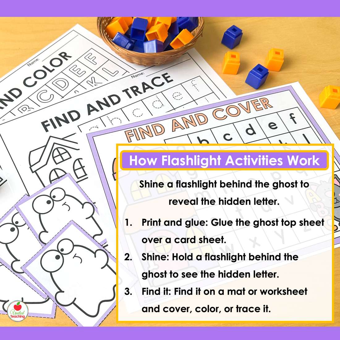 Halloween Alphabet Flashlight ghost cards, Find and Cover mat, and Find and Color and Find and Trace worksheets