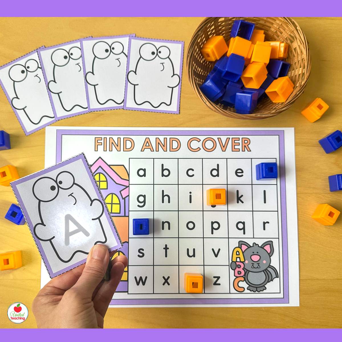 Halloween Alphabet Flashlight ghost card showing uppercase A beside a lowercase Find and Cover letter mat