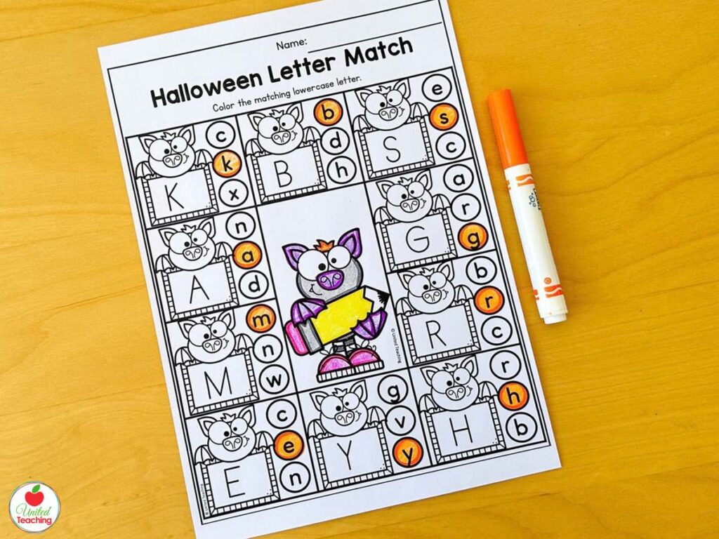 Halloween letter match worksheet, color the lowercase letter that matches each uppercase letter on the bats