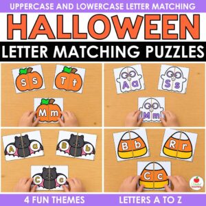 Halloween letter matching puzzles with pumpkin, ghost, bat, and candy corn uppercase and lowercase letter puzzles
