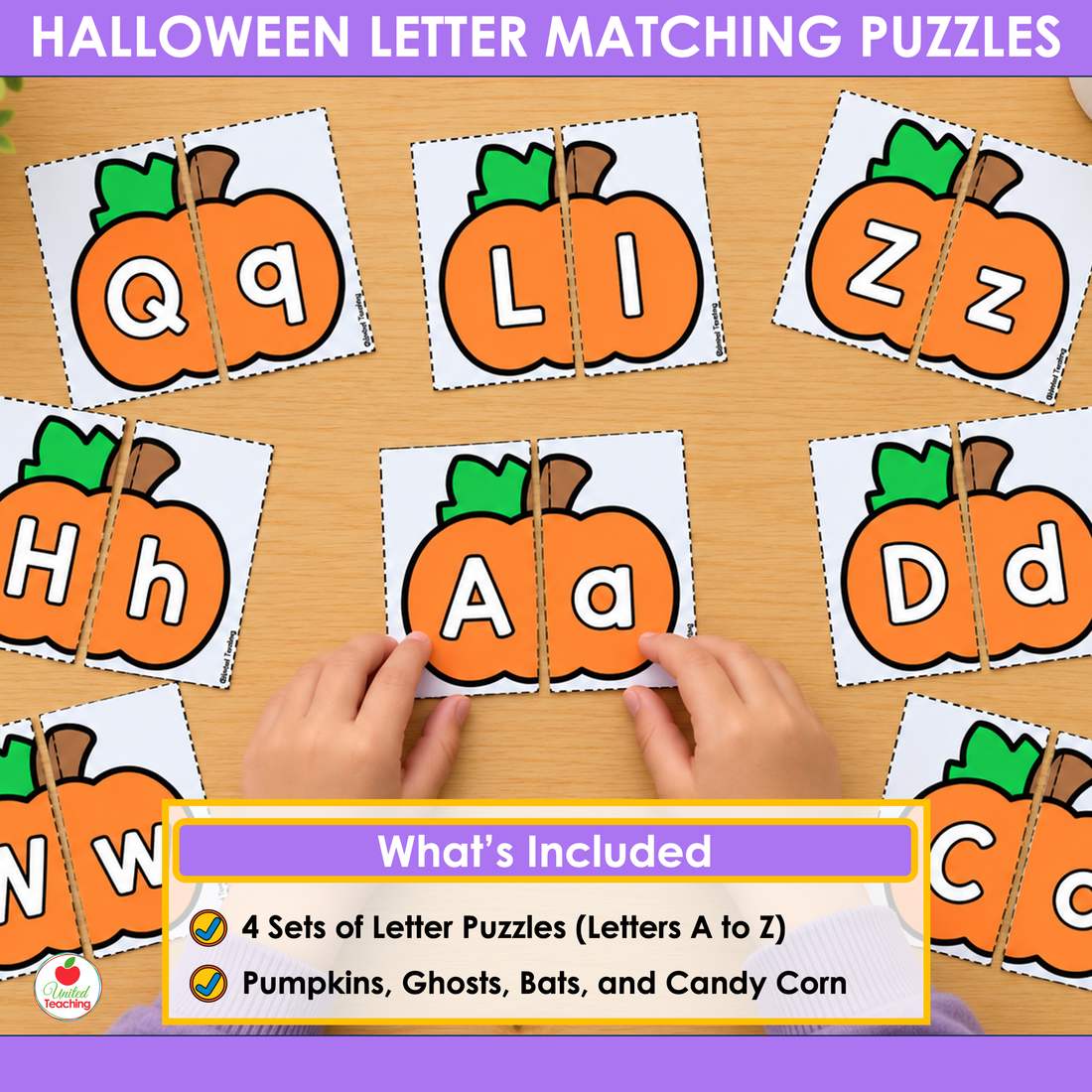 Pumpkin letter matching puzzles for uppercase and lowercase letters A to Z