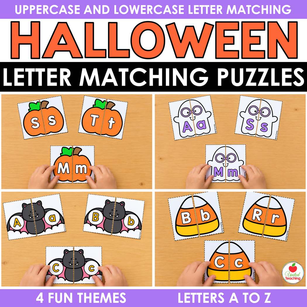 Halloween letter matching puzzles with pumpkin, ghost, bat, and candy corn uppercase and lowercase letter puzzles