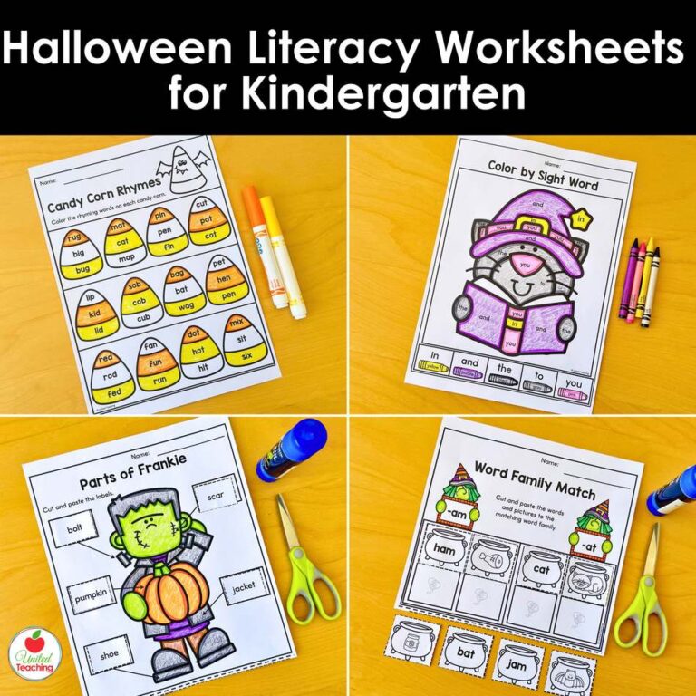 Halloween literacy worksheets for kindergarten with candy corn rhymes, color by sight word, parts of Frankie, and word family match