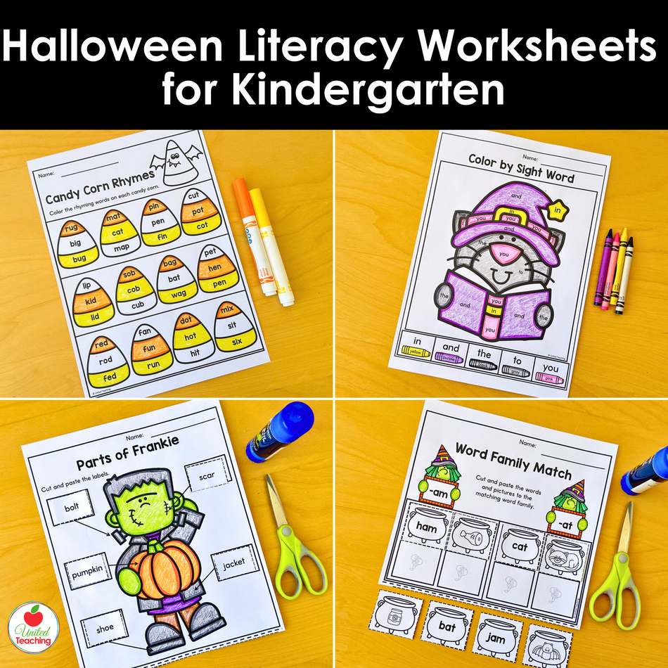 Halloween literacy worksheets for kindergarten with candy corn rhymes, color by sight word, parts of Frankie, and word family match