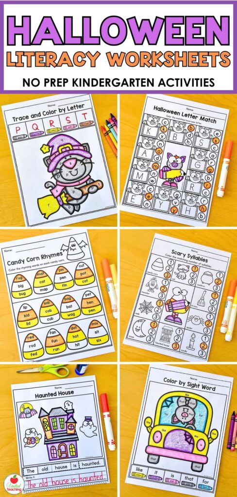 Halloween literacy worksheets for kindergarten, no prep activities for letters, rhyming, syllables, and sight words