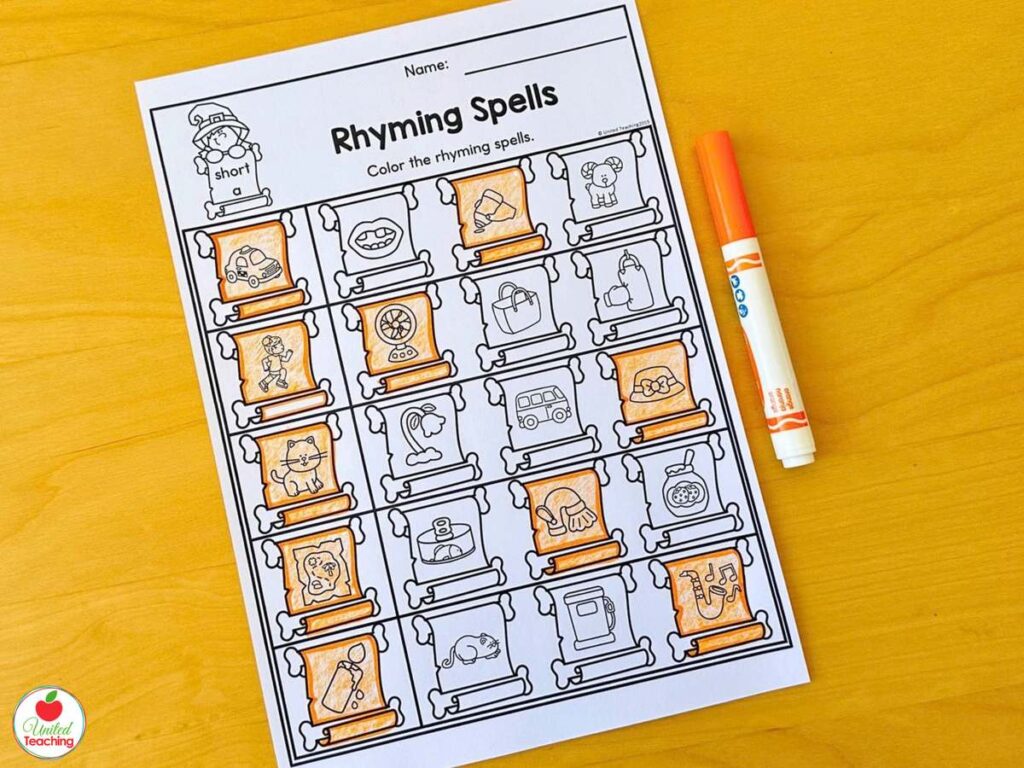 Rhyming Spells Halloween worksheet for short a, color the pictures that rhyme