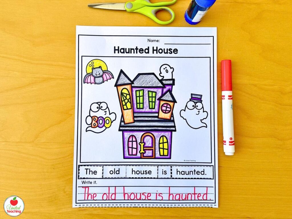 Haunted House Halloween scrambled sentence worksheet, The old house is haunted