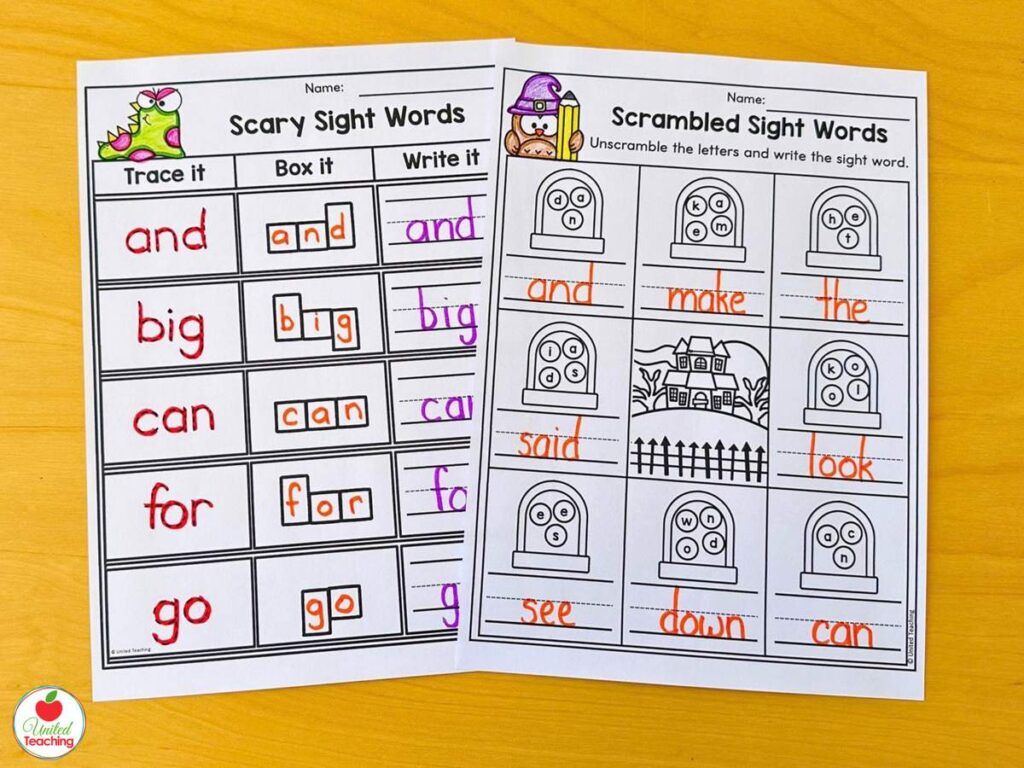 Scary Sight Words and Scrambled Sight Words Halloween worksheets, trace, box, write, and unscramble