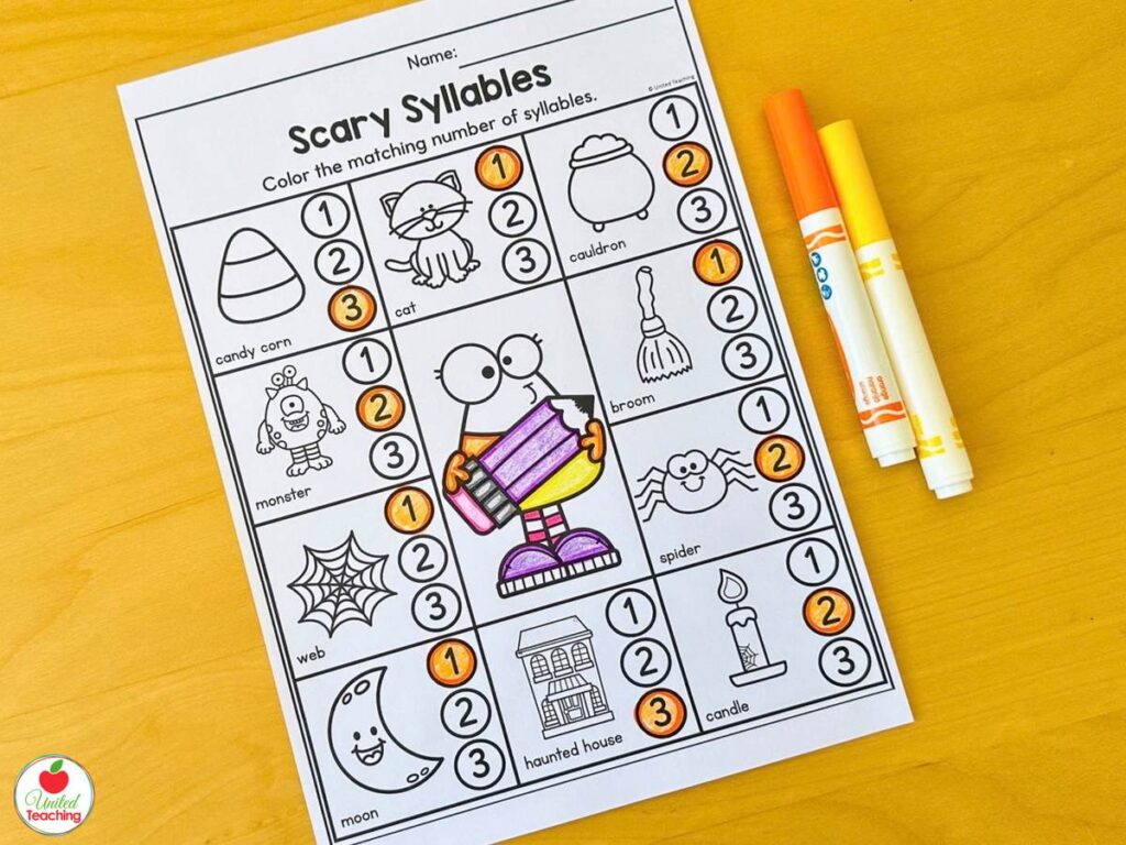 Scary Syllables Halloween worksheet, color the number of syllables in each picture