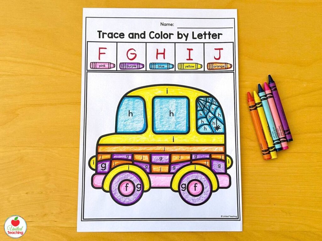 Halloween trace and color by letter worksheet for letters F to J with a car and a spider web