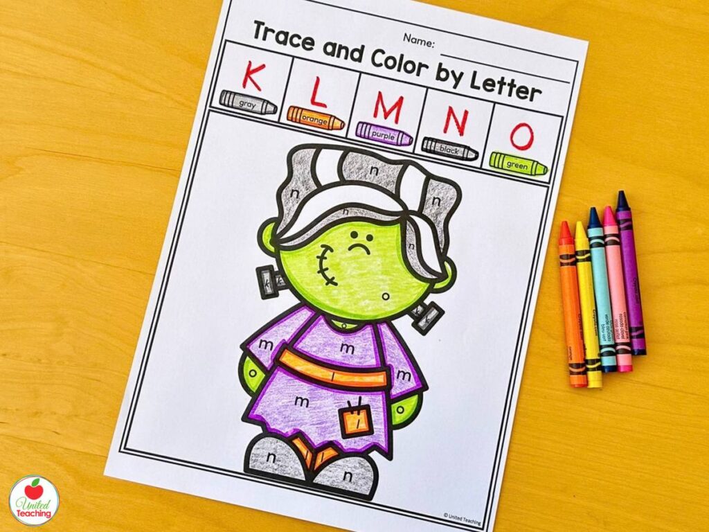 Halloween trace and color by letter worksheet for letters K to O with Frankenstein