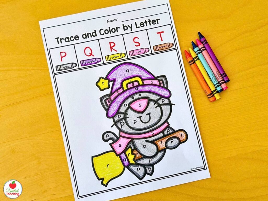 Halloween trace and color by letter worksheet for letters P to T with a cat on a broomstick