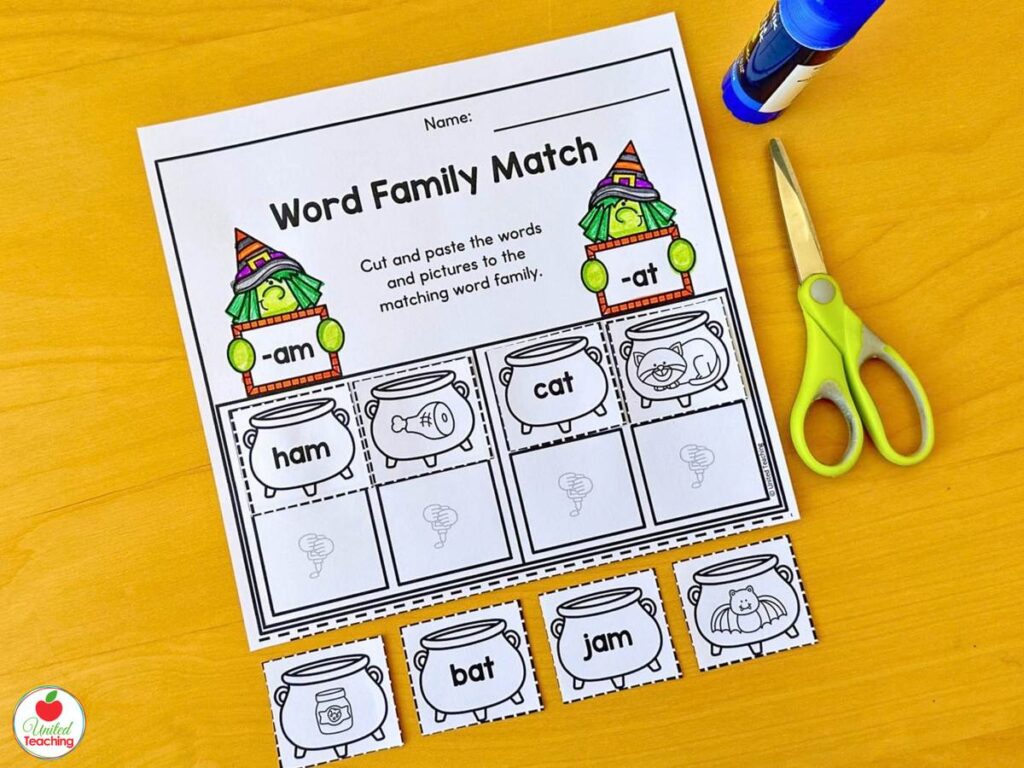 Halloween word family match cut and paste worksheet for the -am and -at word families with cauldrons
