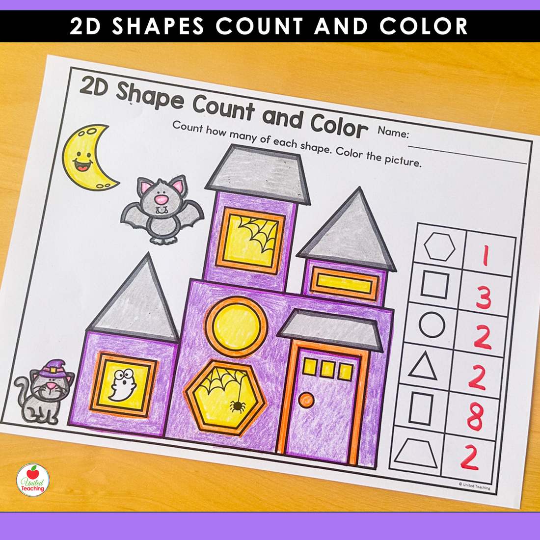 Haunted house 2D shapes count and color worksheet colored in purple with totals in the shape key