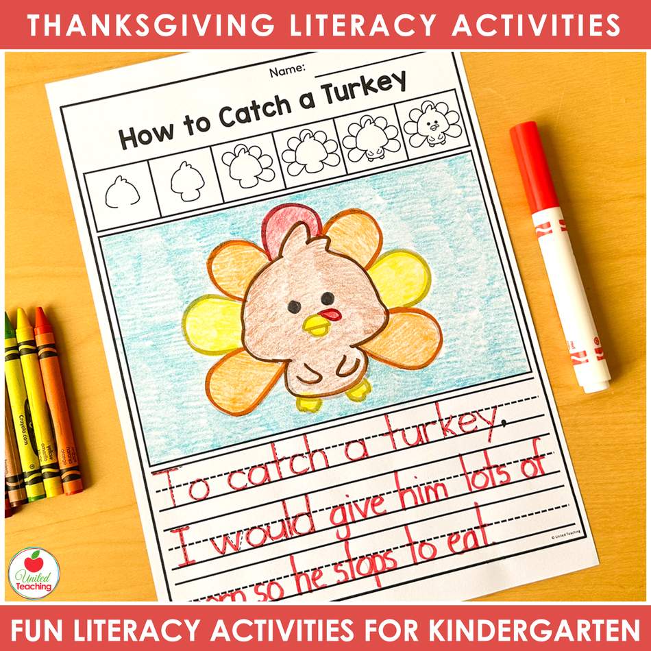 How to Catch a Turkey writing worksheet for kindergarten with a colored turkey drawing and a finished sentence