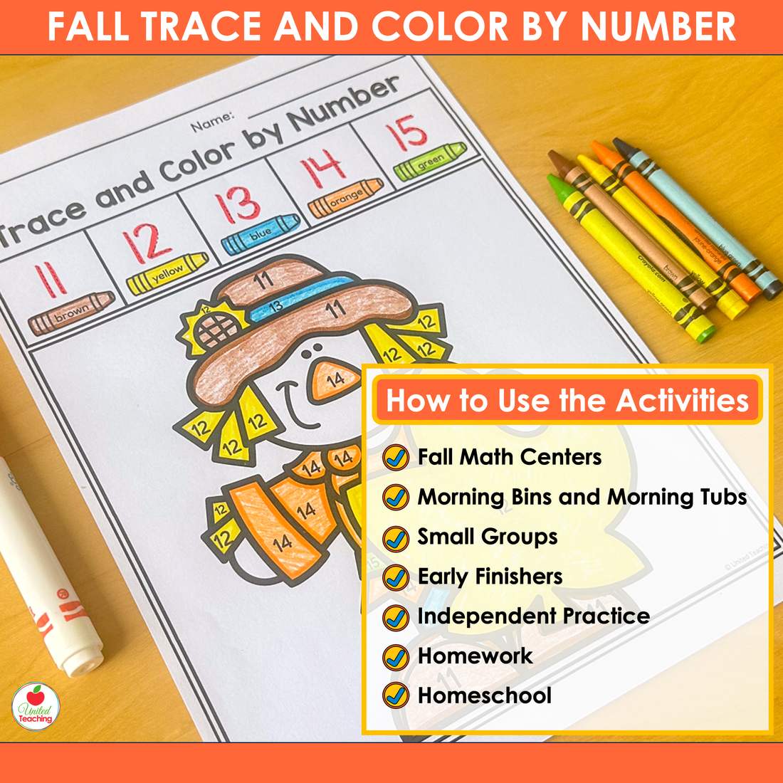 Scarecrow color by number worksheet listing uses including fall math centers, morning tubs, and homework