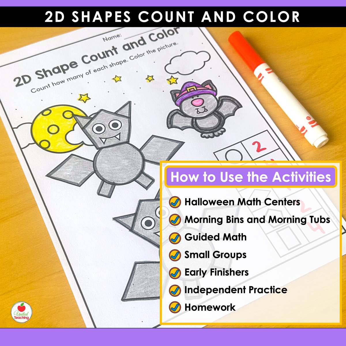 Bat 2D shapes worksheet listing uses including Halloween math centers, morning tubs, and small groups