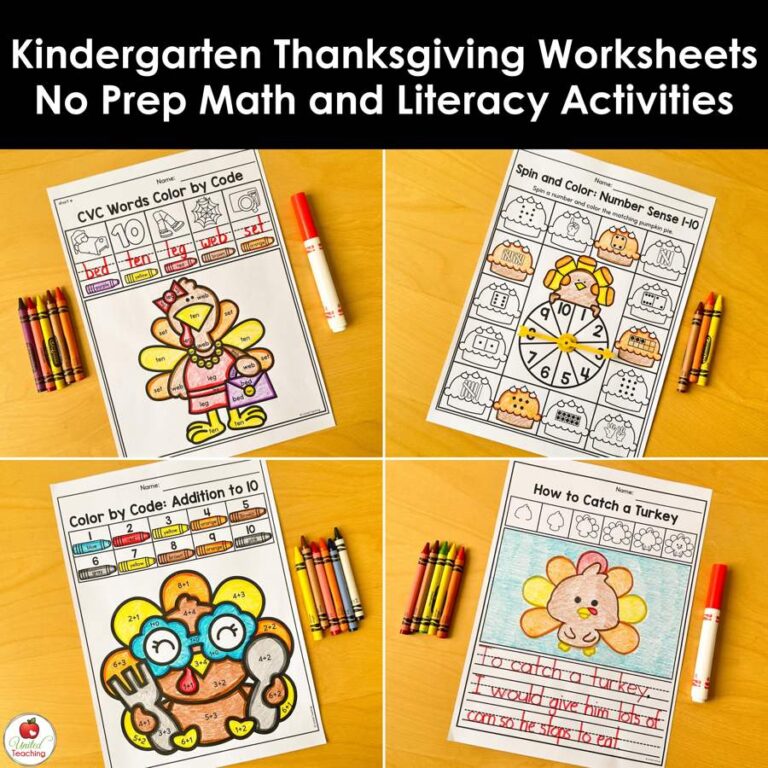 Kindergarten Thanksgiving worksheets including CVC words and addition color by code, a number spinner and turkey writing