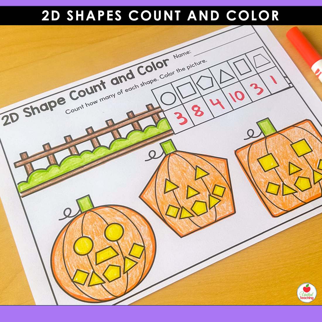 Colored jack-o'-lantern 2D shapes count and color worksheet with shape totals written in
