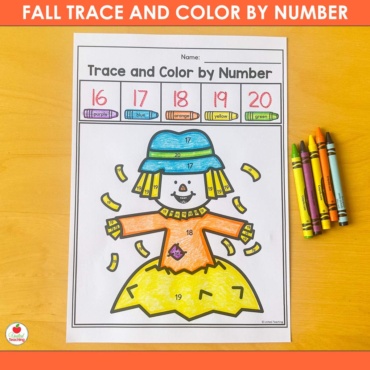 Scarecrow on a leaf pile trace and color by number worksheet for numbers 16-20