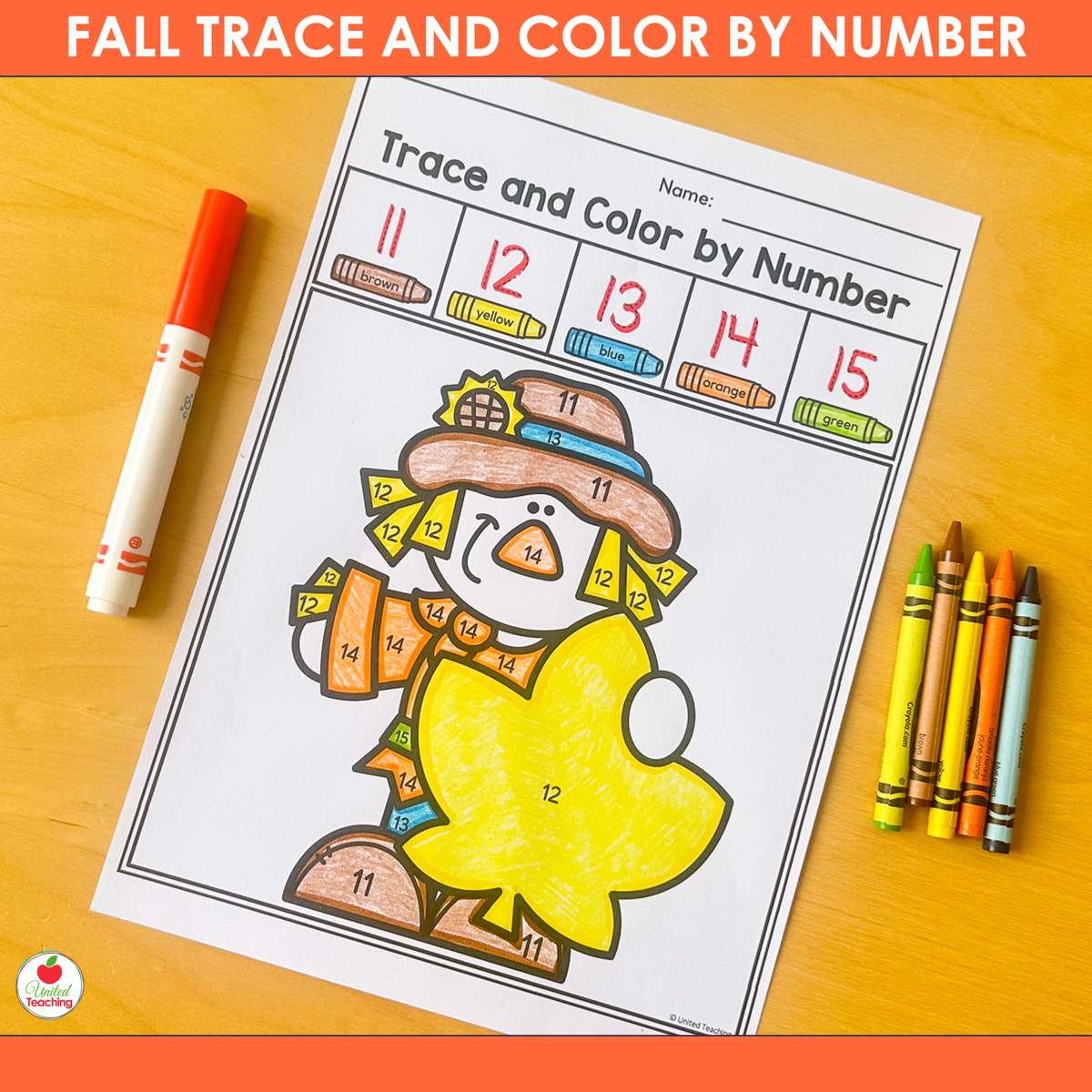 Scarecrow holding a leaf trace and color by number worksheet for numbers 11-15