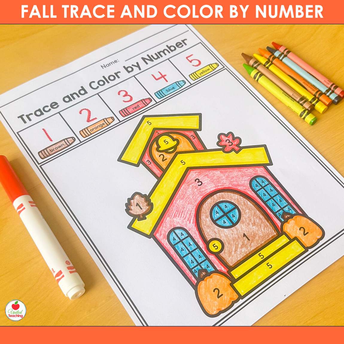 Schoolhouse trace and color by number worksheet for numbers 1-5 colored in pink and yellow