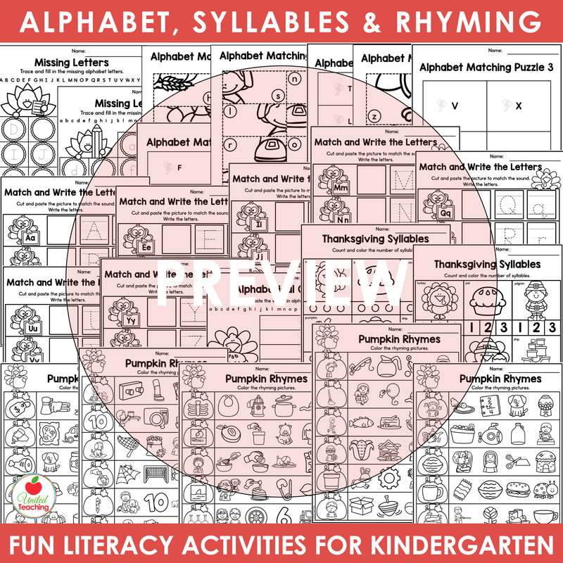 Thanksgiving alphabet, syllables and rhyming worksheets for kindergarten, including missing letters and pumpkin rhymes
