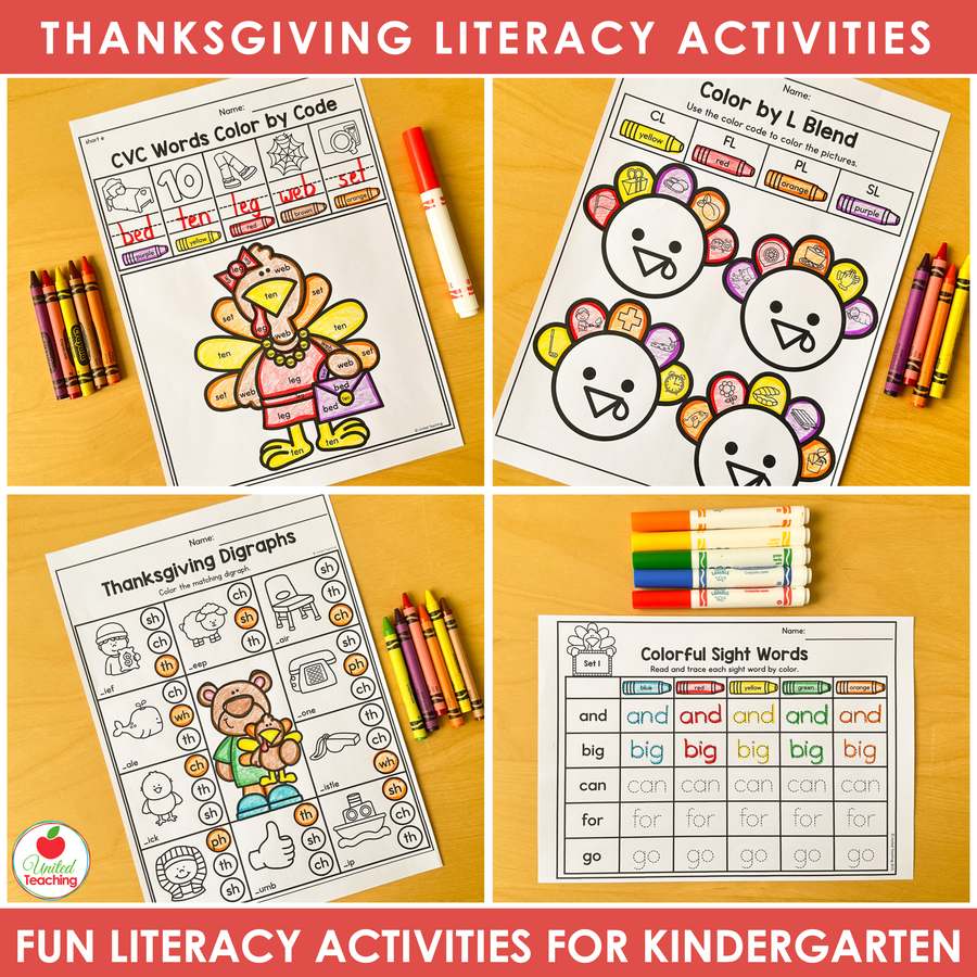 Thanksgiving CVC color by code, L blends, digraphs and colorful sight words worksheets for kindergarten