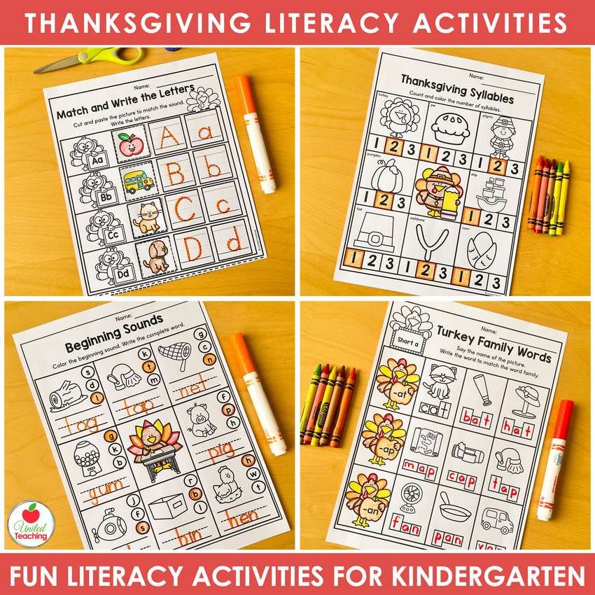 Thanksgiving letter sounds, syllables, beginning sounds and word family worksheets for kindergarten