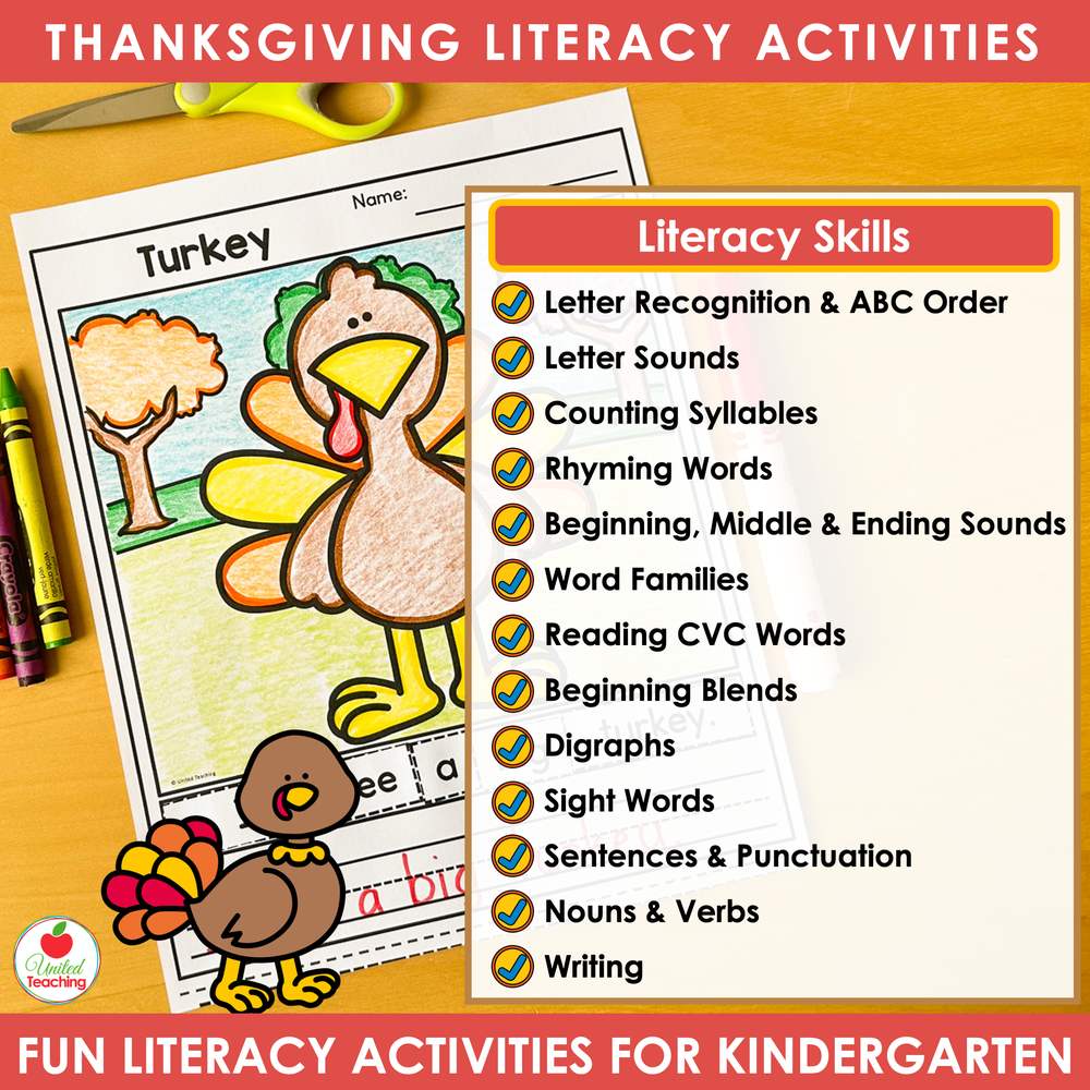 Literacy skills list for the Thanksgiving math and literacy bundle for kindergarten beside a scrambled sentence worksheet