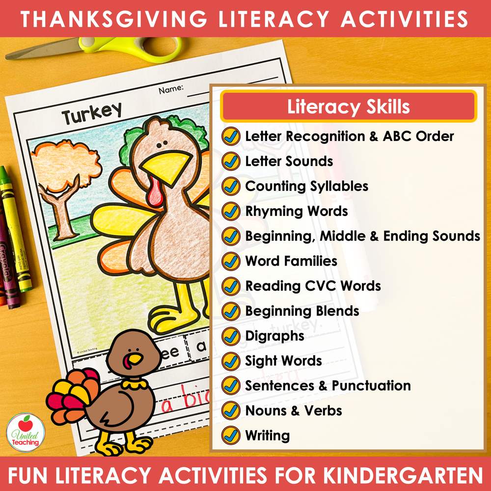 Literacy skills list for Thanksgiving literacy worksheets for kindergarten beside a scrambled sentence worksheet