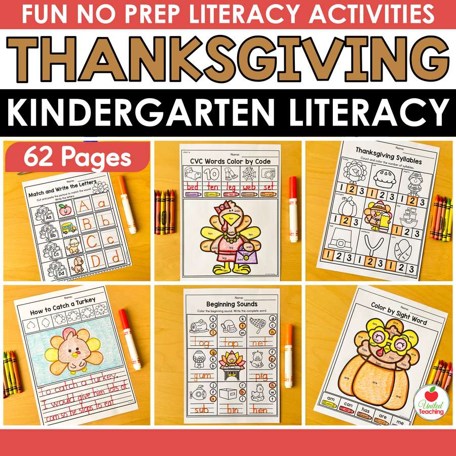 Thanksgiving literacy worksheets for kindergarten cover showing six colored no prep worksheets