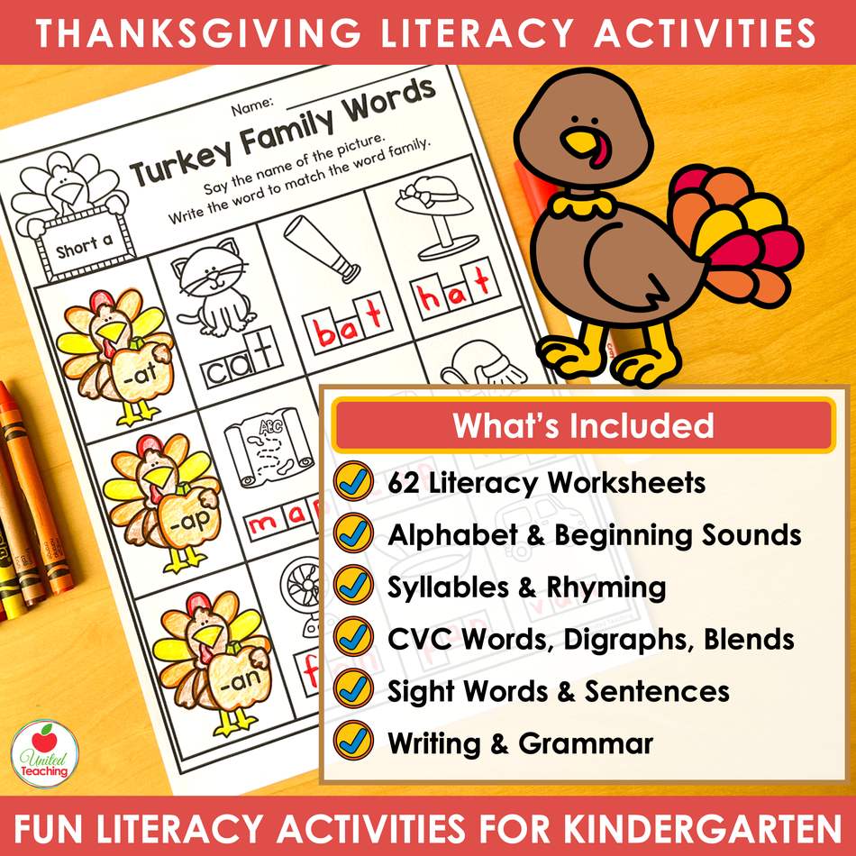 What's included in the Thanksgiving literacy worksheets for kindergarten beside a turkey word family worksheet