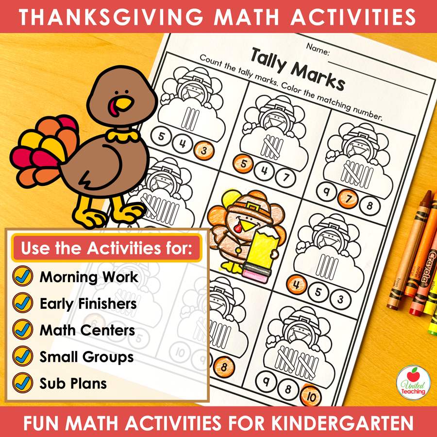 Thanksgiving tally marks worksheet for kindergarten with uses: morning work, early finishers, centers, sub plans