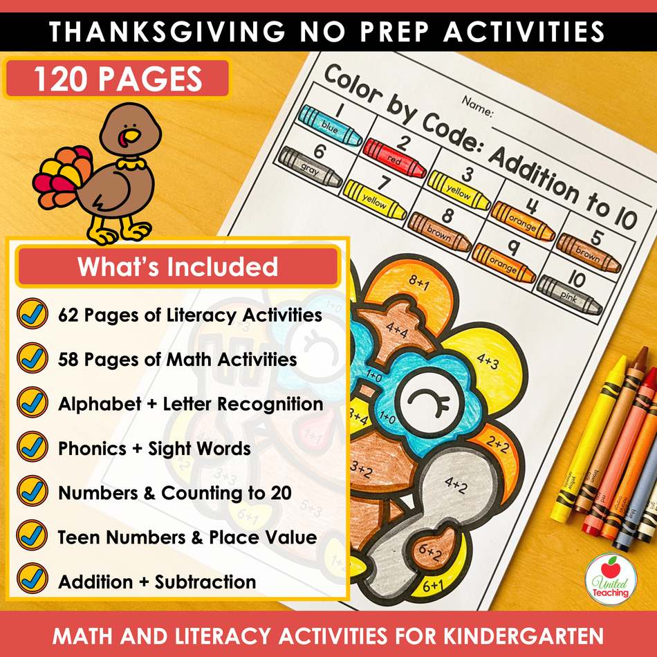 What's included in the Thanksgiving math and literacy bundle for kindergarten beside a color by code addition worksheet