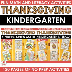 Thanksgiving math and literacy worksheets bundle for kindergarten cover showing both packets, 120 no prep worksheets