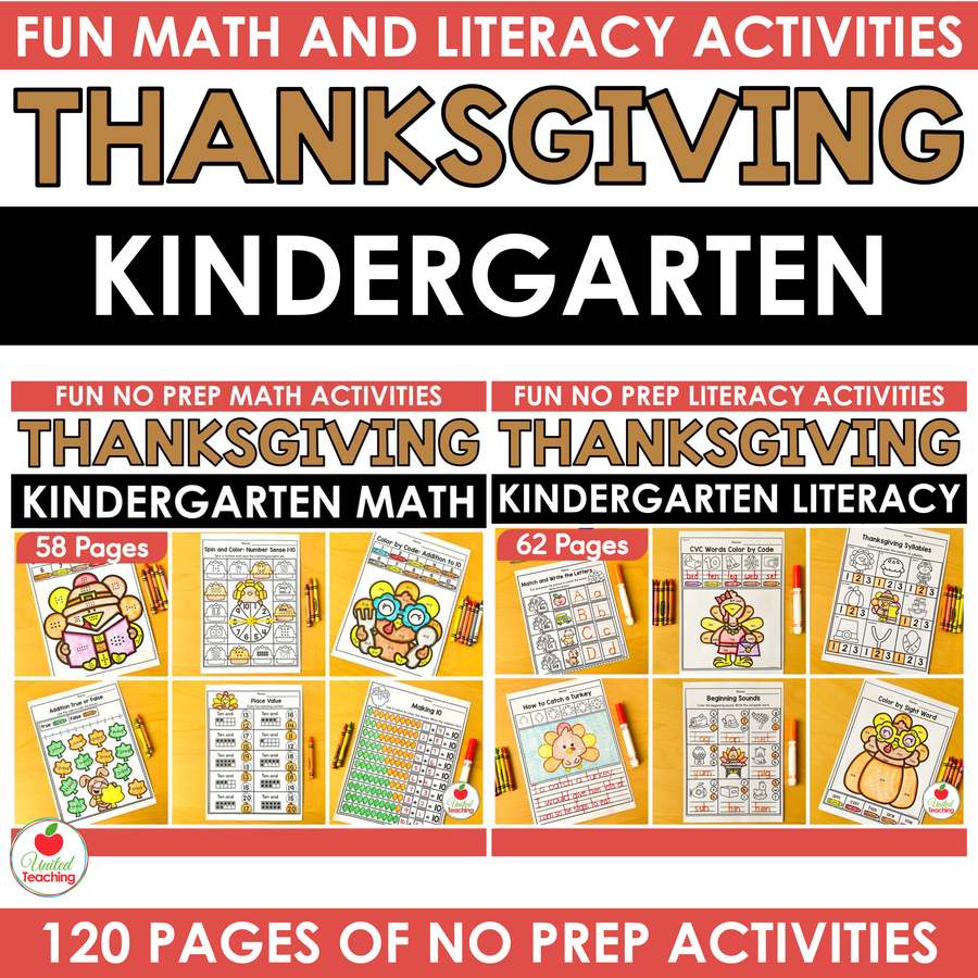 Thanksgiving math and literacy worksheets bundle for kindergarten cover showing both packets, 120 no prep worksheets