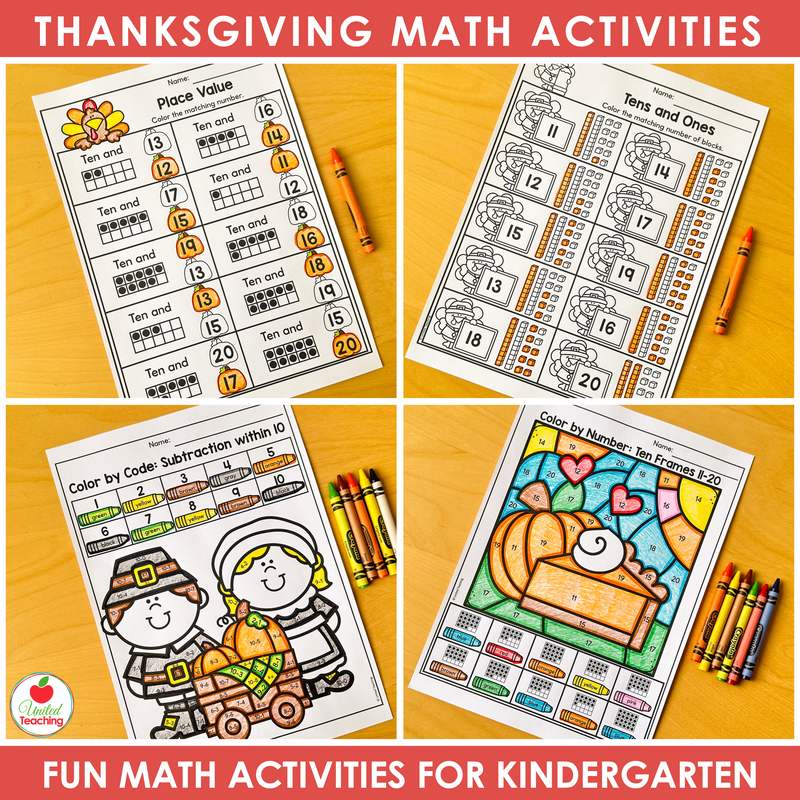Thanksgiving place value and subtraction worksheets for kindergarten: tens and ones and color by code