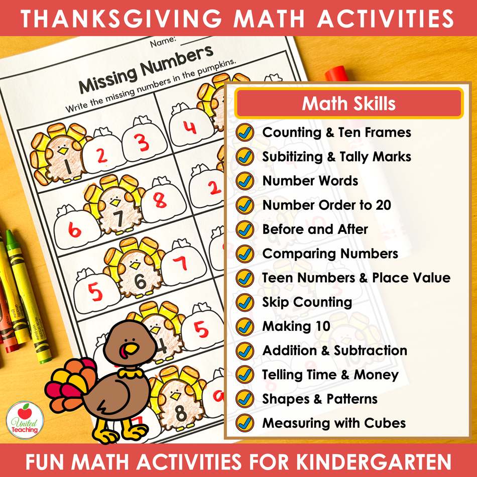 Math skills list for the Thanksgiving math and literacy bundle for kindergarten beside a missing numbers worksheet