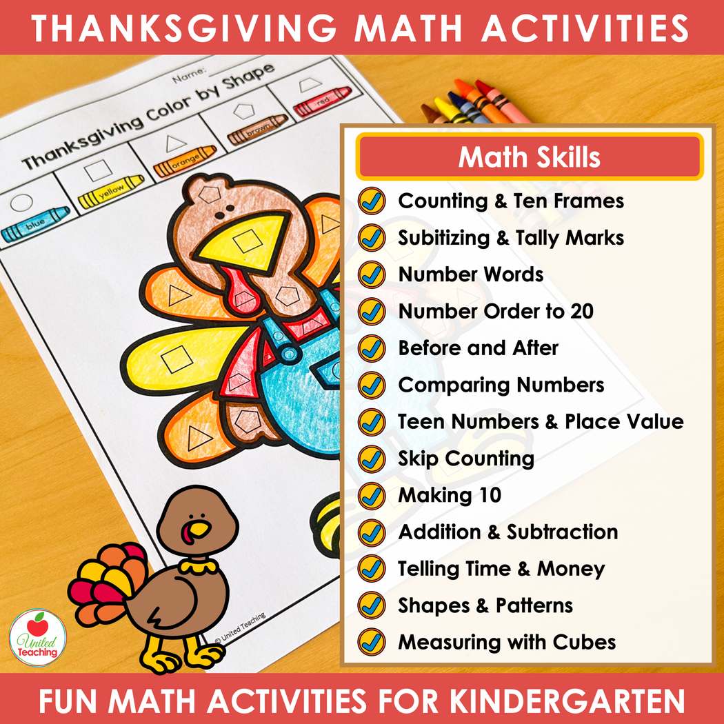 Math skills list for Thanksgiving math worksheets for kindergarten beside a turkey color by shape worksheet