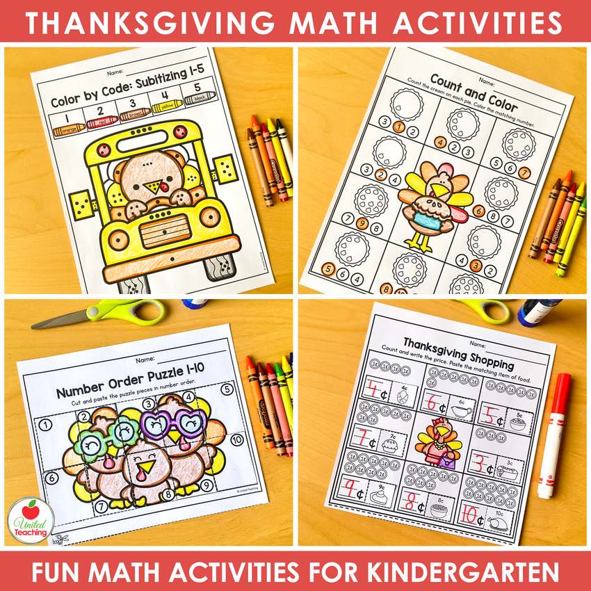 Thanksgiving math worksheets for kindergarten: subitizing color by code, count and color, number order and money