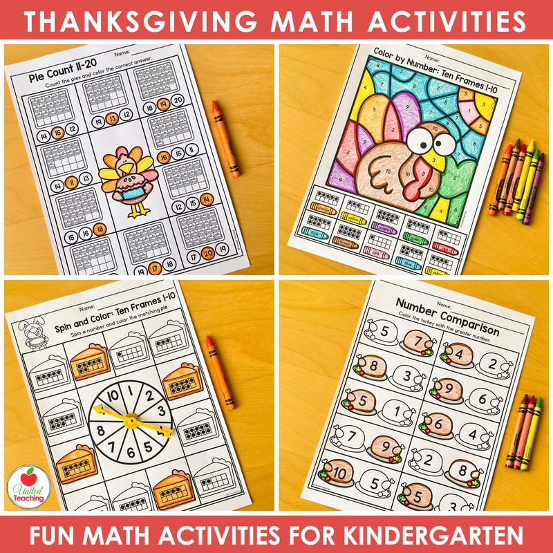 Thanksgiving ten frame and number comparison worksheets for kindergarten, including pie count 11 to 20